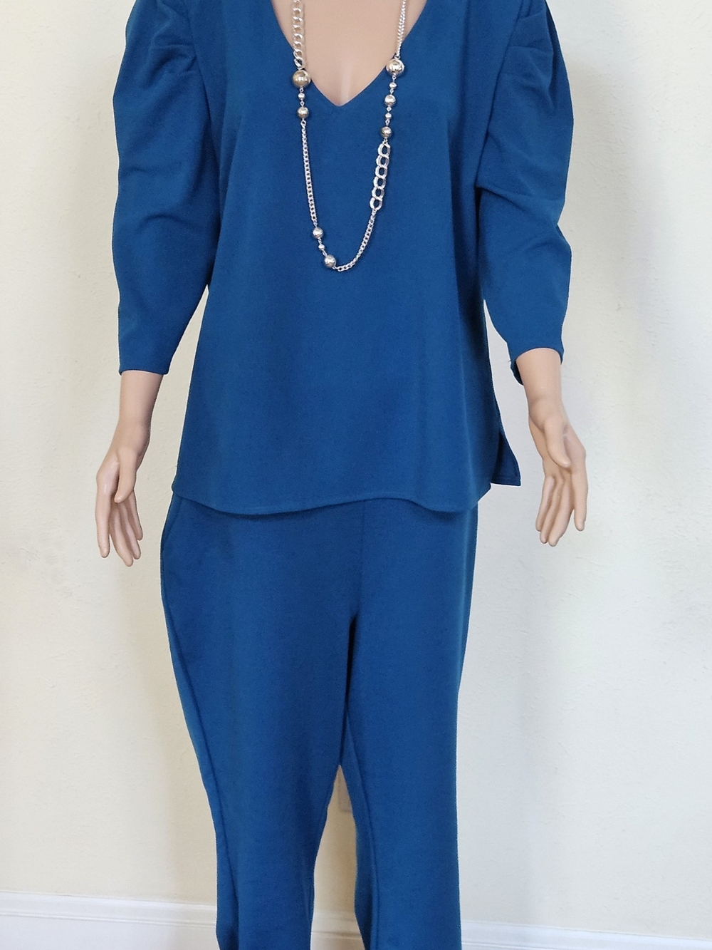 Blue Women's V-Neck Jumpsuit Set